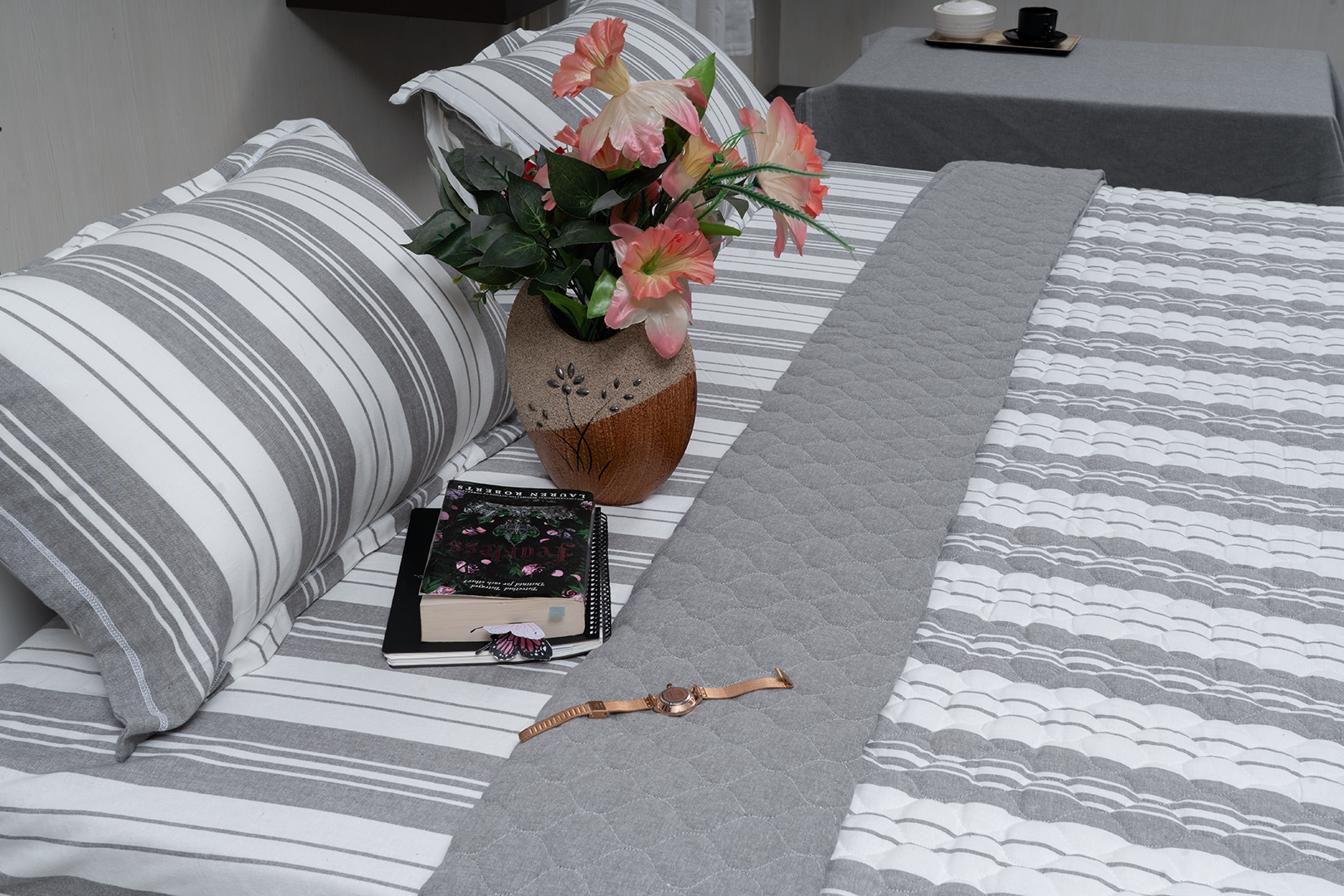 Linn Decors pillow covers set styled on a bed with coordinated bedding in a modern bedroom