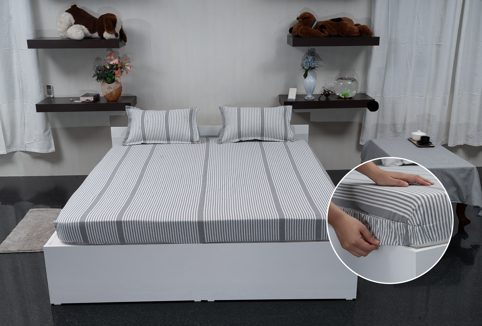 Linn Decors fitted sheet with elastic edges on a modern bed in a clean bedroom setting