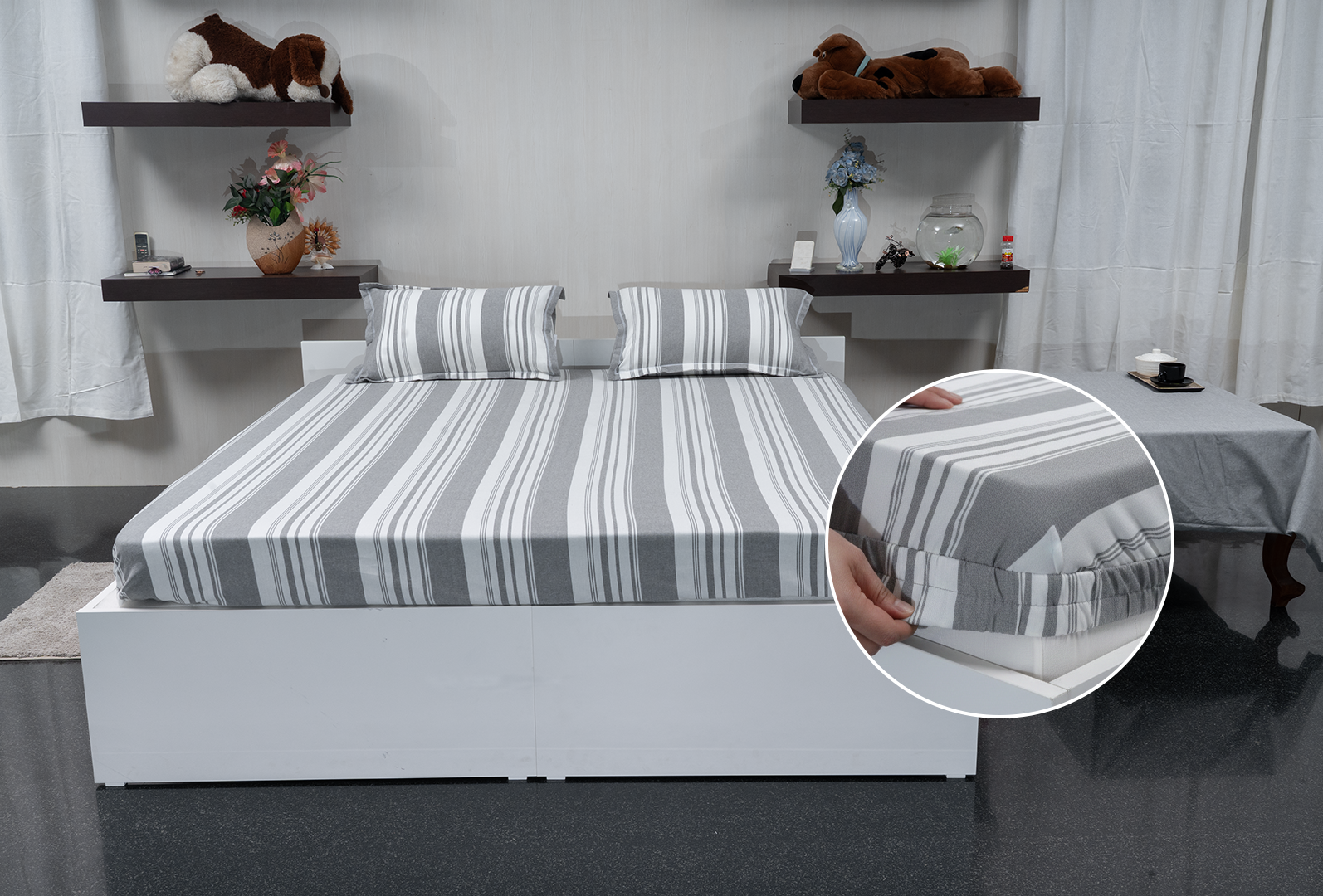 Linn Decors fitted sheet with elastic edges on a modern bed in a clean bedroom setting