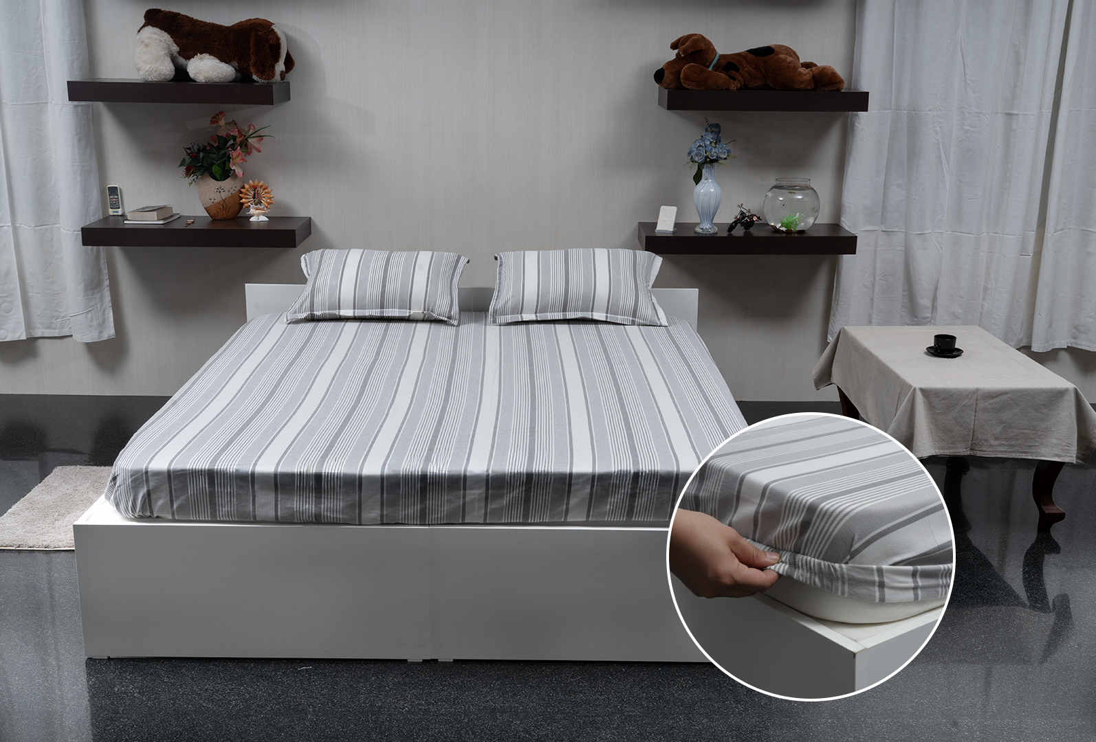 Linn Decors fitted sheet with elastic edges on a modern bed in a clean bedroom setting