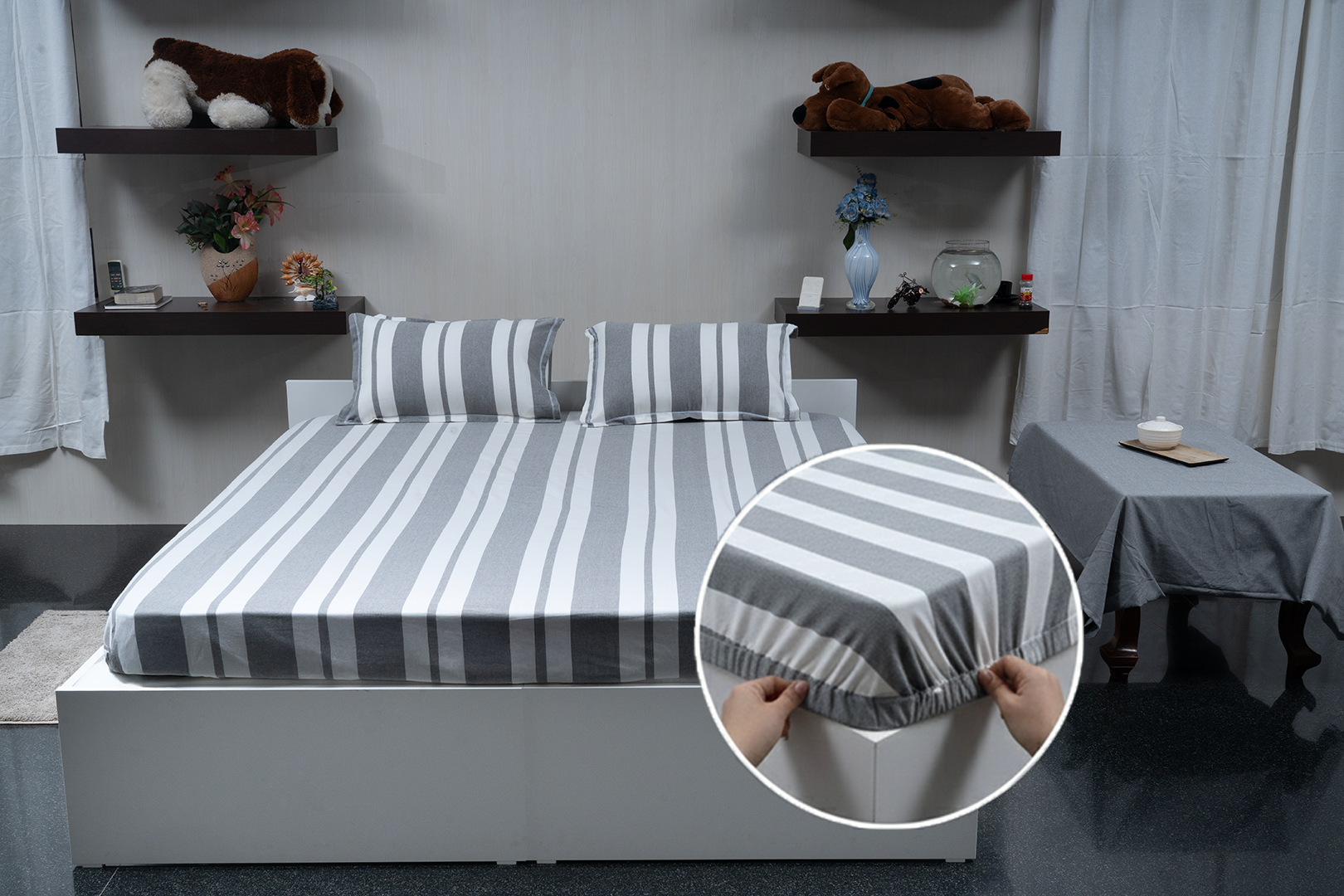 Linn Decors fitted sheet with elastic edges on a modern bed in a clean bedroom setting