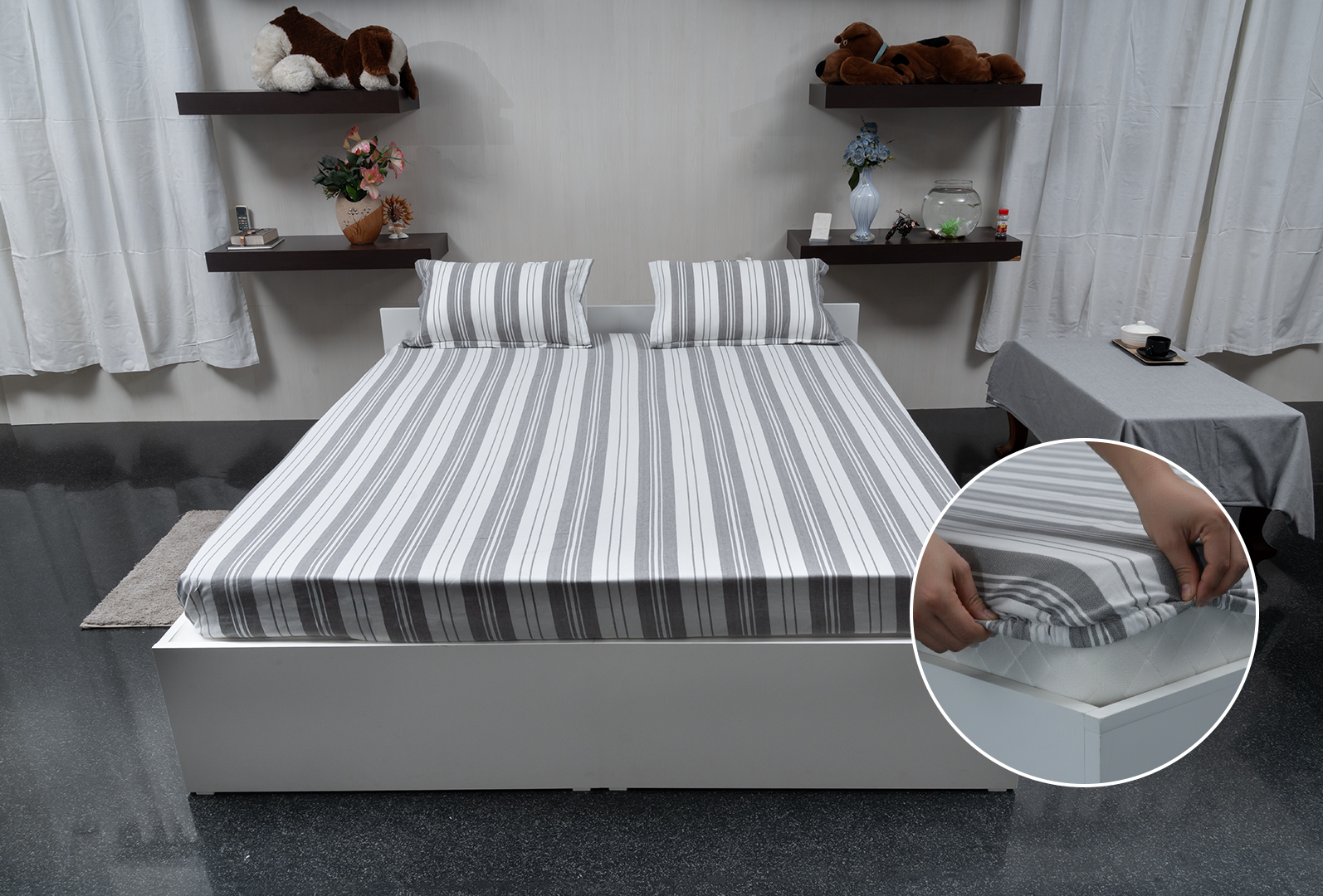 Linn Decors fitted sheet with elastic edges on a modern bed in a clean bedroom setting