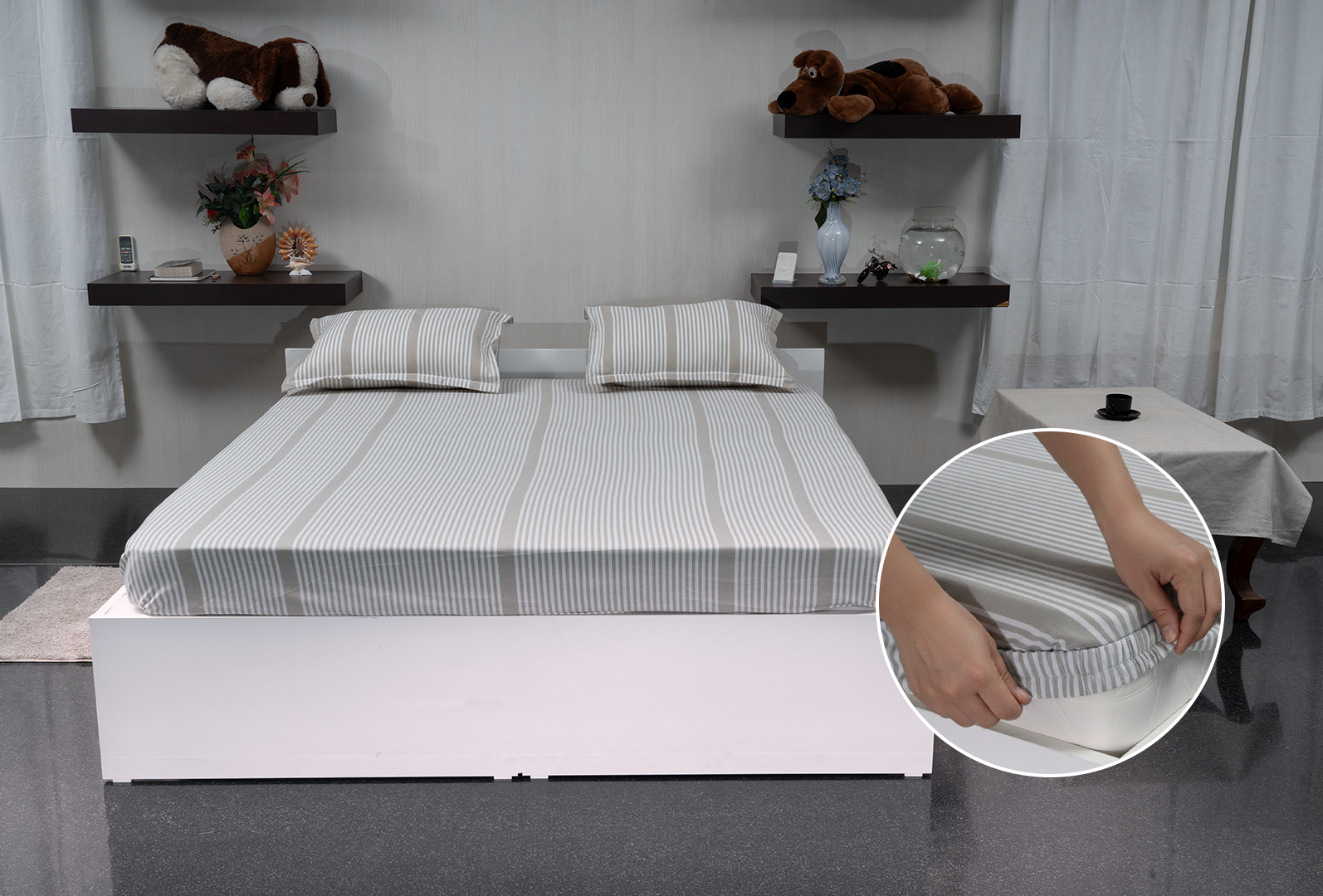 Linn Decors fitted sheet with elastic edges on a modern bed in a clean bedroom setting