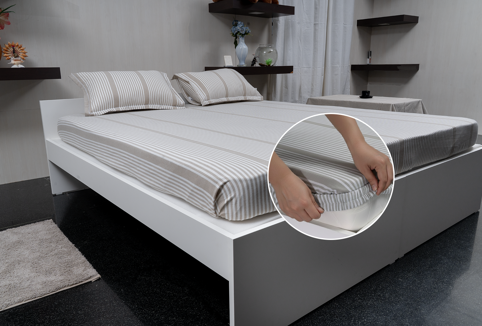 Linn Decors fitted sheet with elastic edges on a modern bed in a clean bedroom setting