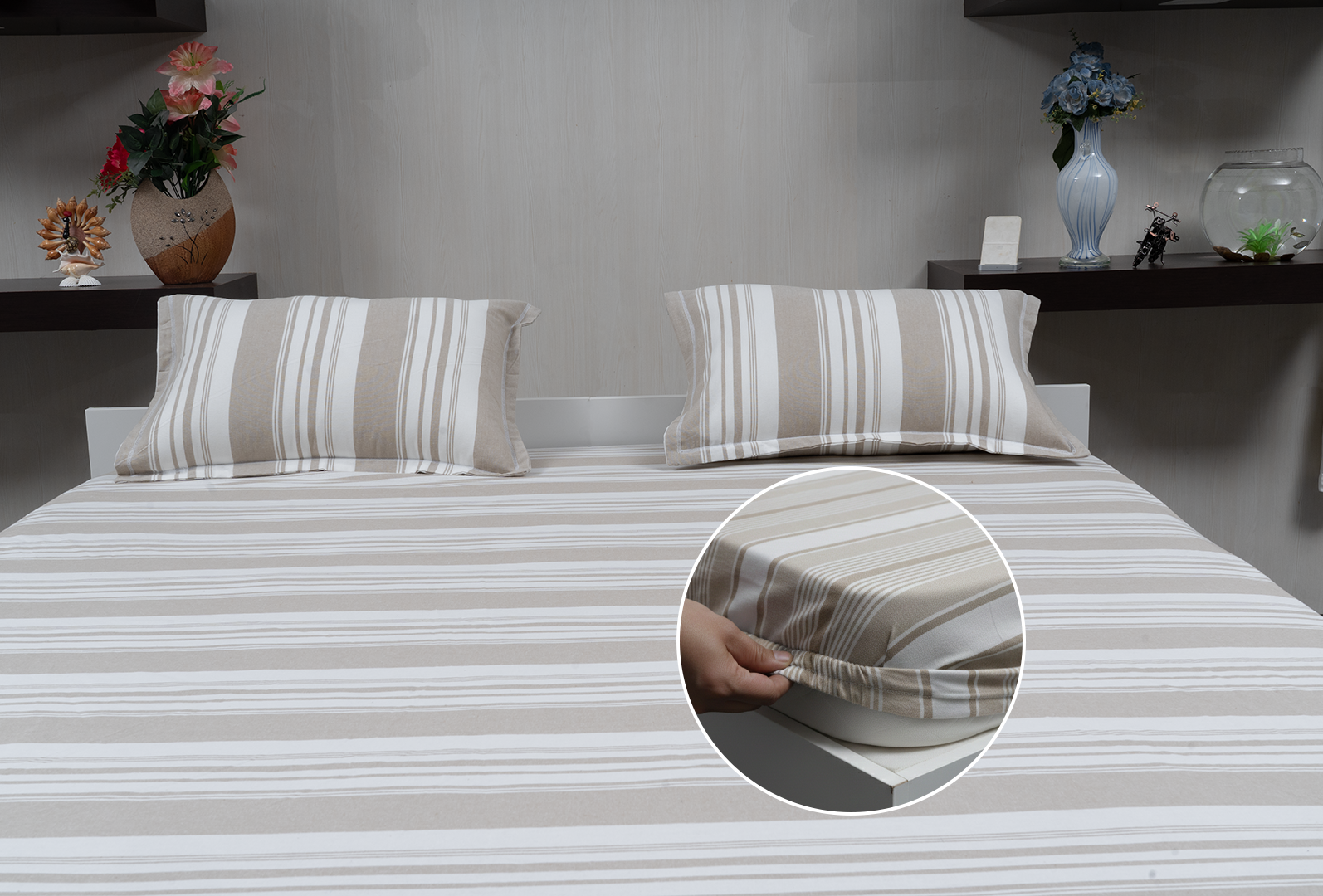 Linn Decors fitted sheet with elastic edges on a modern bed in a clean bedroom setting