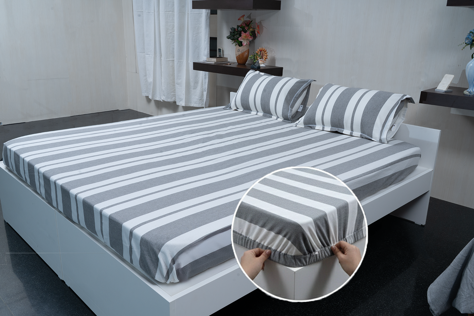 Linn Decors fitted sheet with elastic edges on a modern bed in a clean bedroom setting