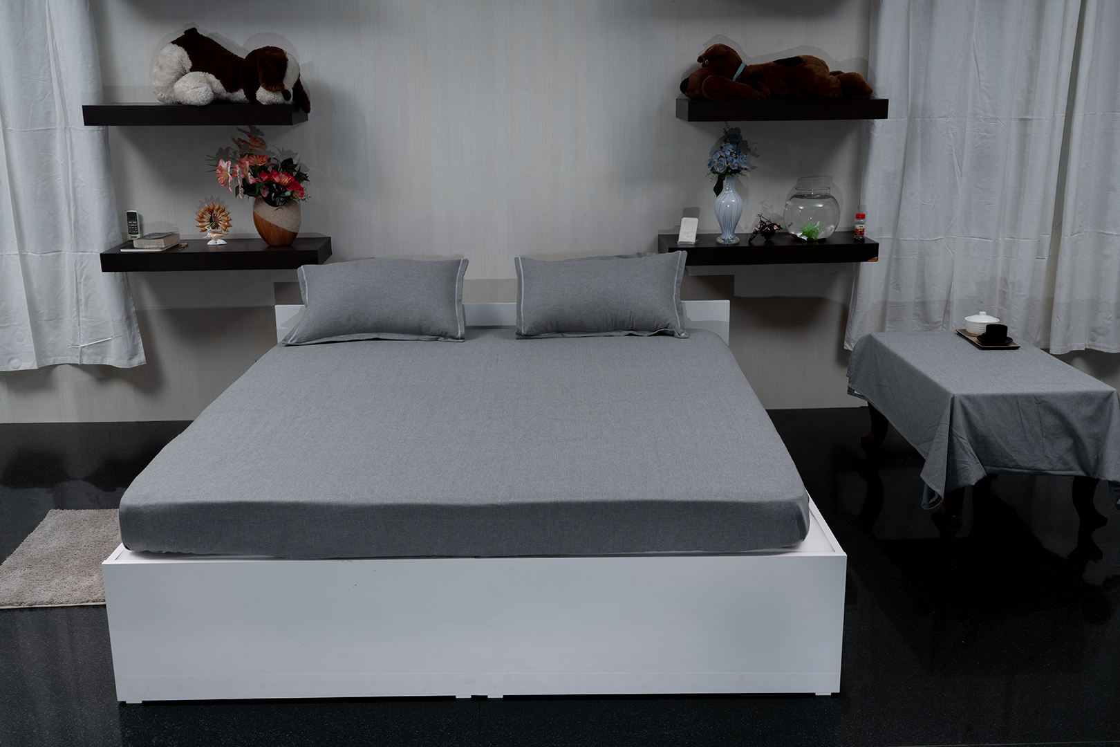 Linn Decors fitted sheet with two pillow covers and duvet cover styled on a modern bedroom bed
