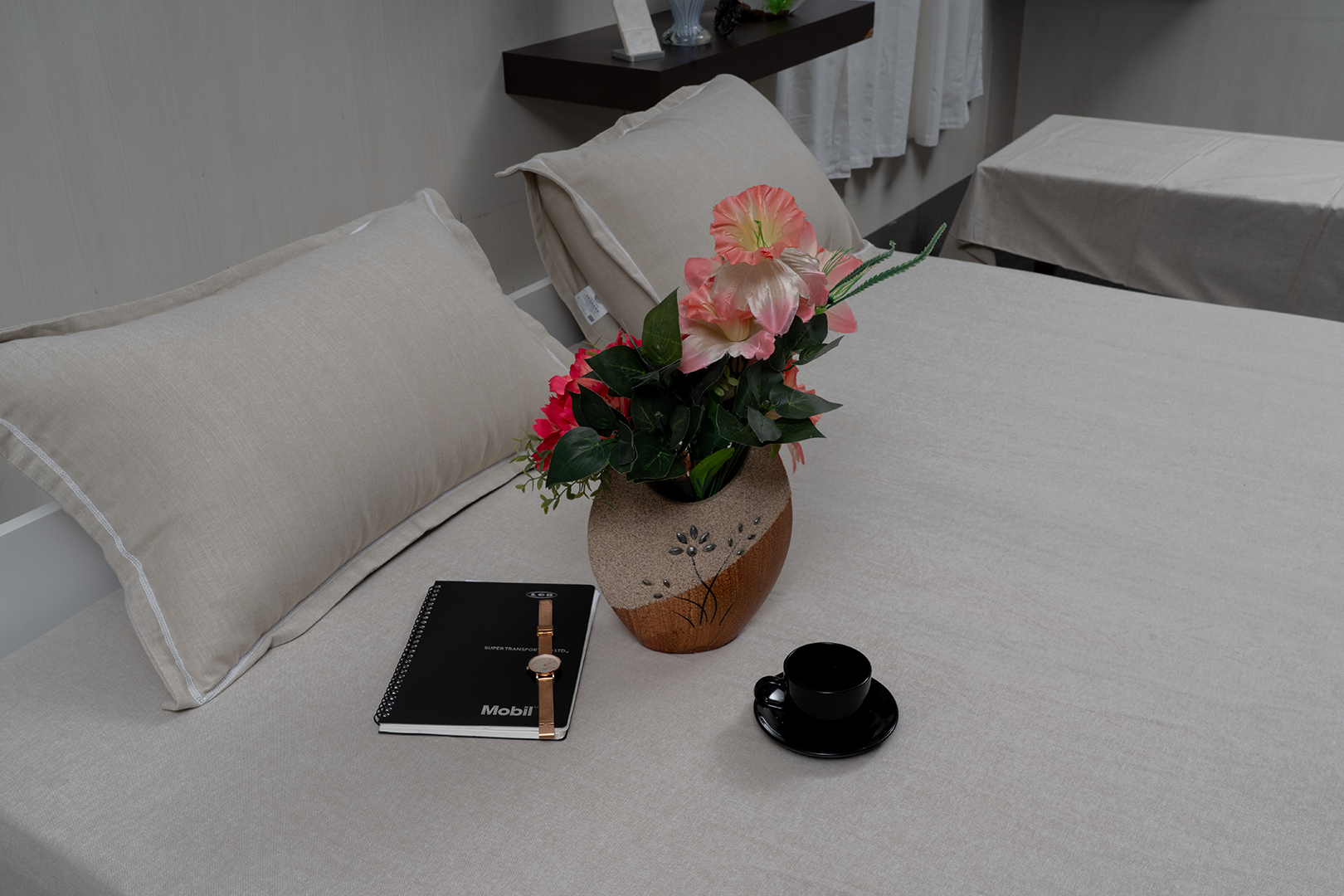 Linn Decors fitted sheet with two pillow covers and quilt styled on a modern bedroom bed