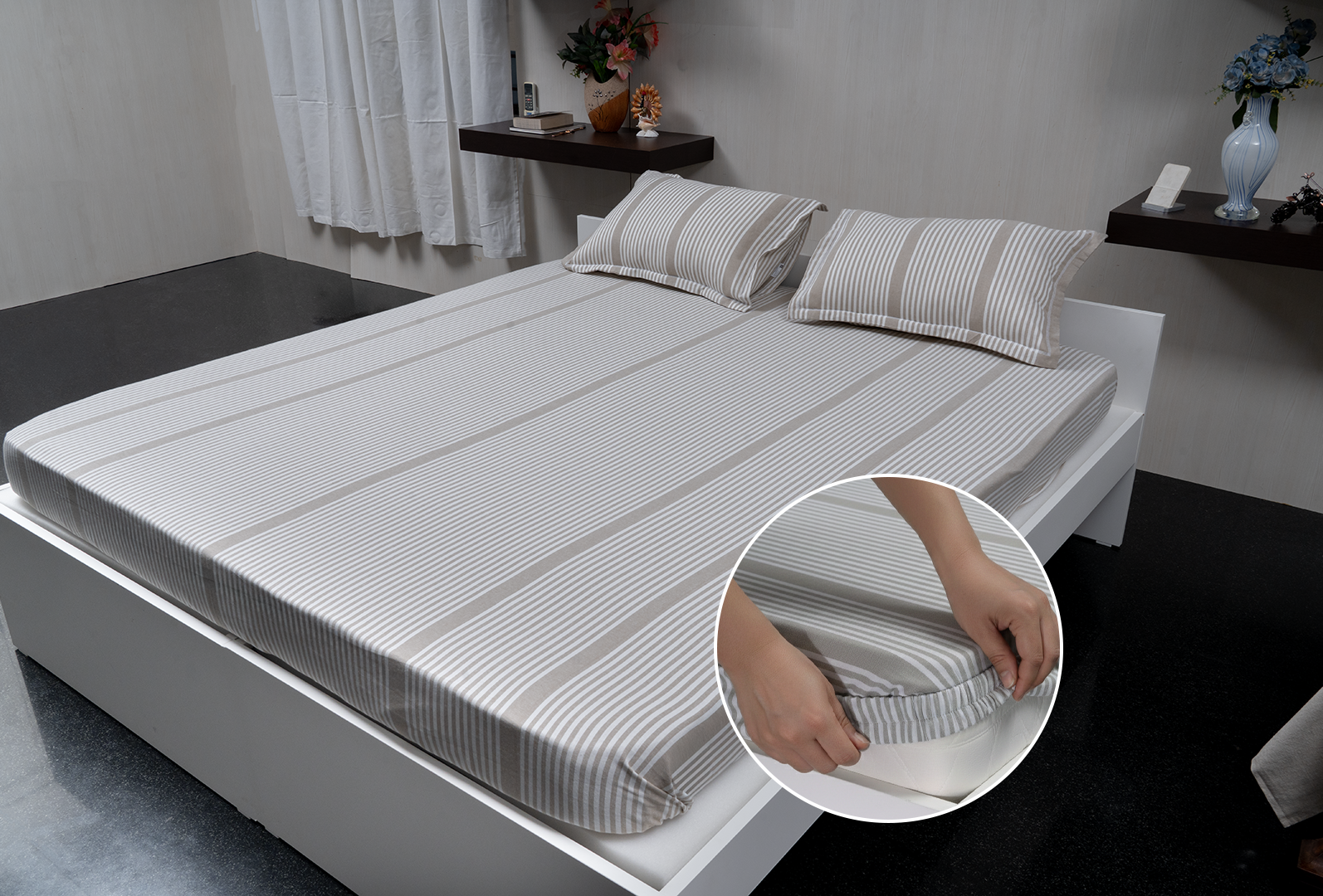 Linn Decors fitted sheet with elastic edges on a modern bed in a clean bedroom setting