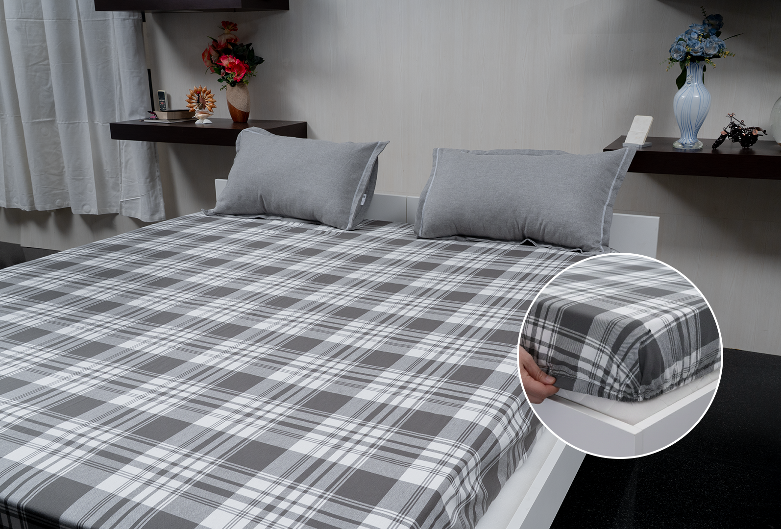 Linn Decors fitted sheet with elastic edges on a modern bed in a clean bedroom setting