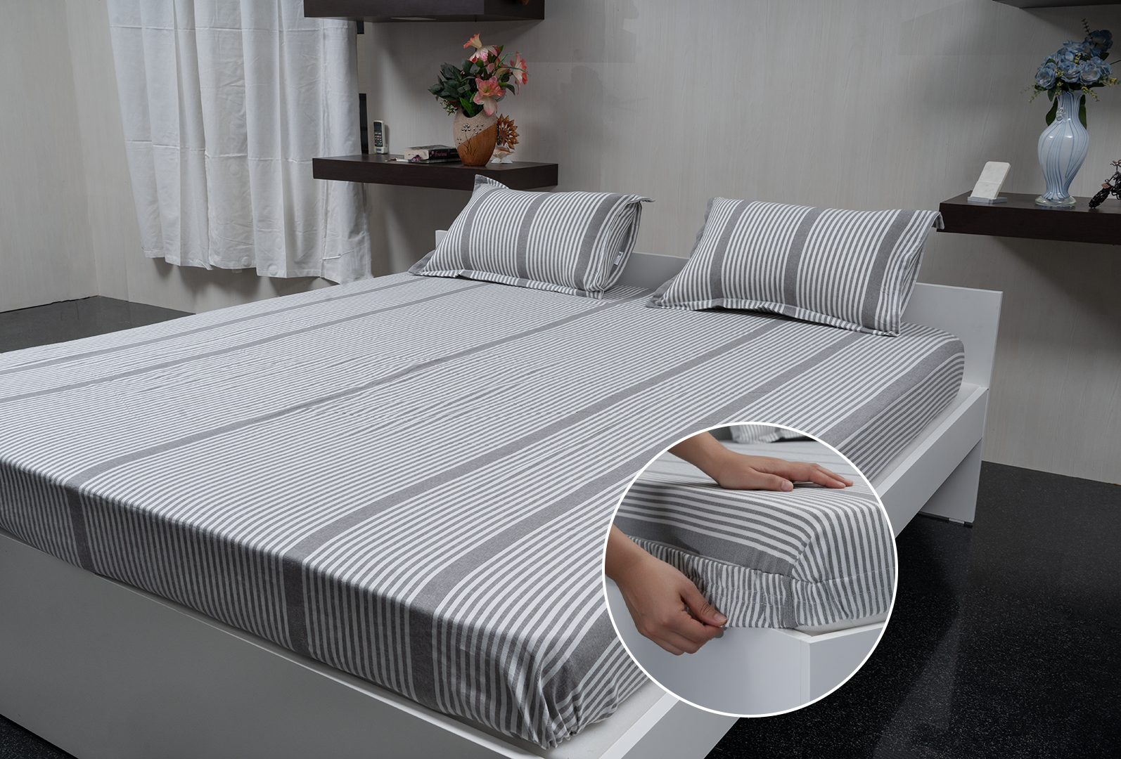 Linn Decors fitted sheet with elastic edges on a modern bed in a clean bedroom setting