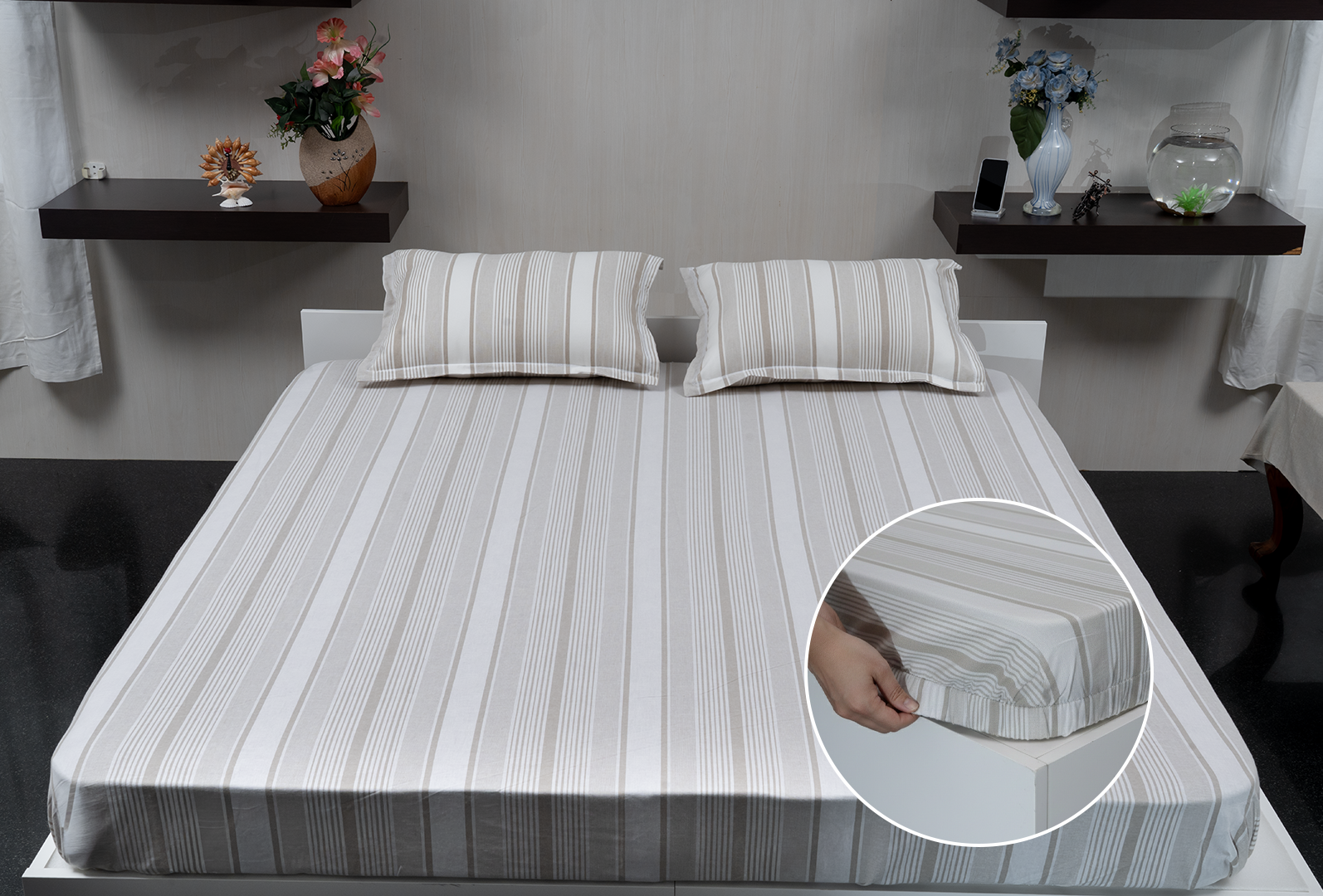 Linn Decors fitted sheet with elastic edges on a modern bed in a clean bedroom setting