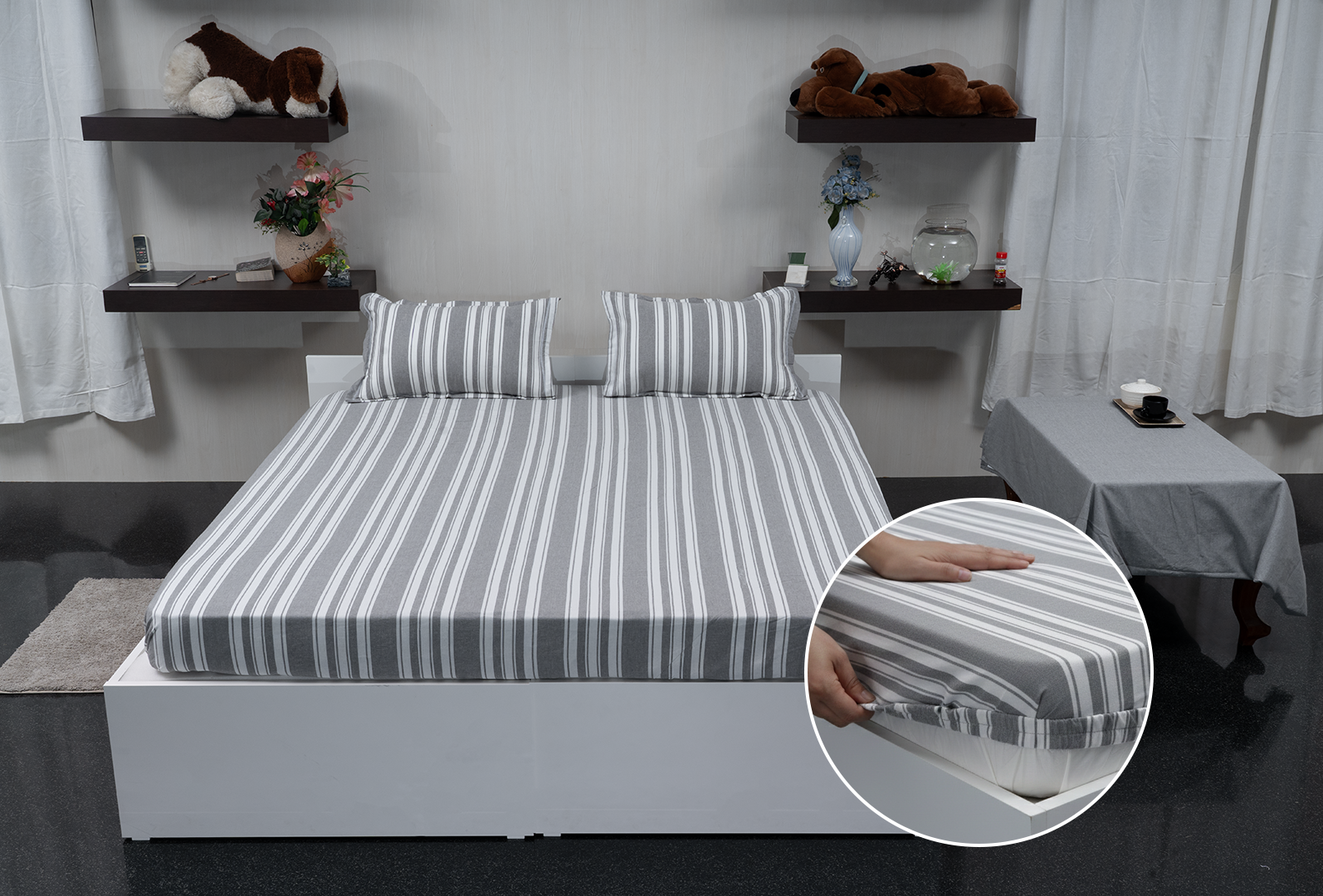 Linn Decors fitted sheet with elastic edges on a modern bed in a clean bedroom setting