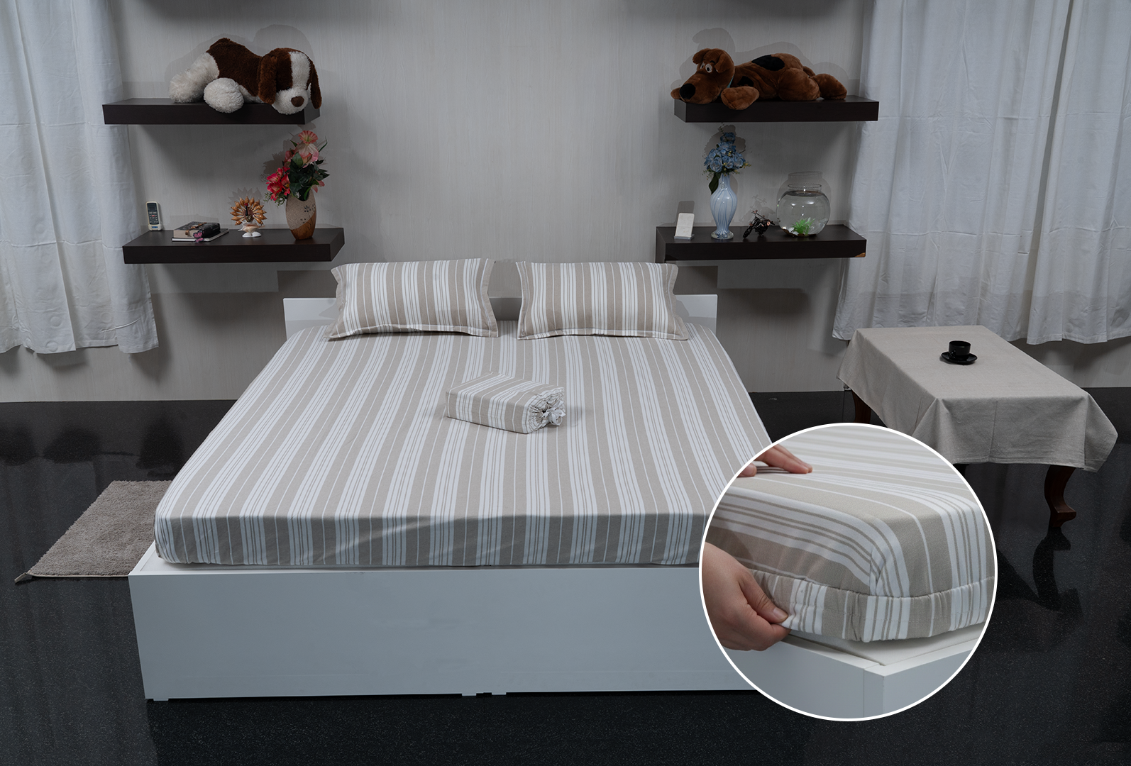 Linn Decors fitted sheet with elastic edges on a modern bed in a clean bedroom setting