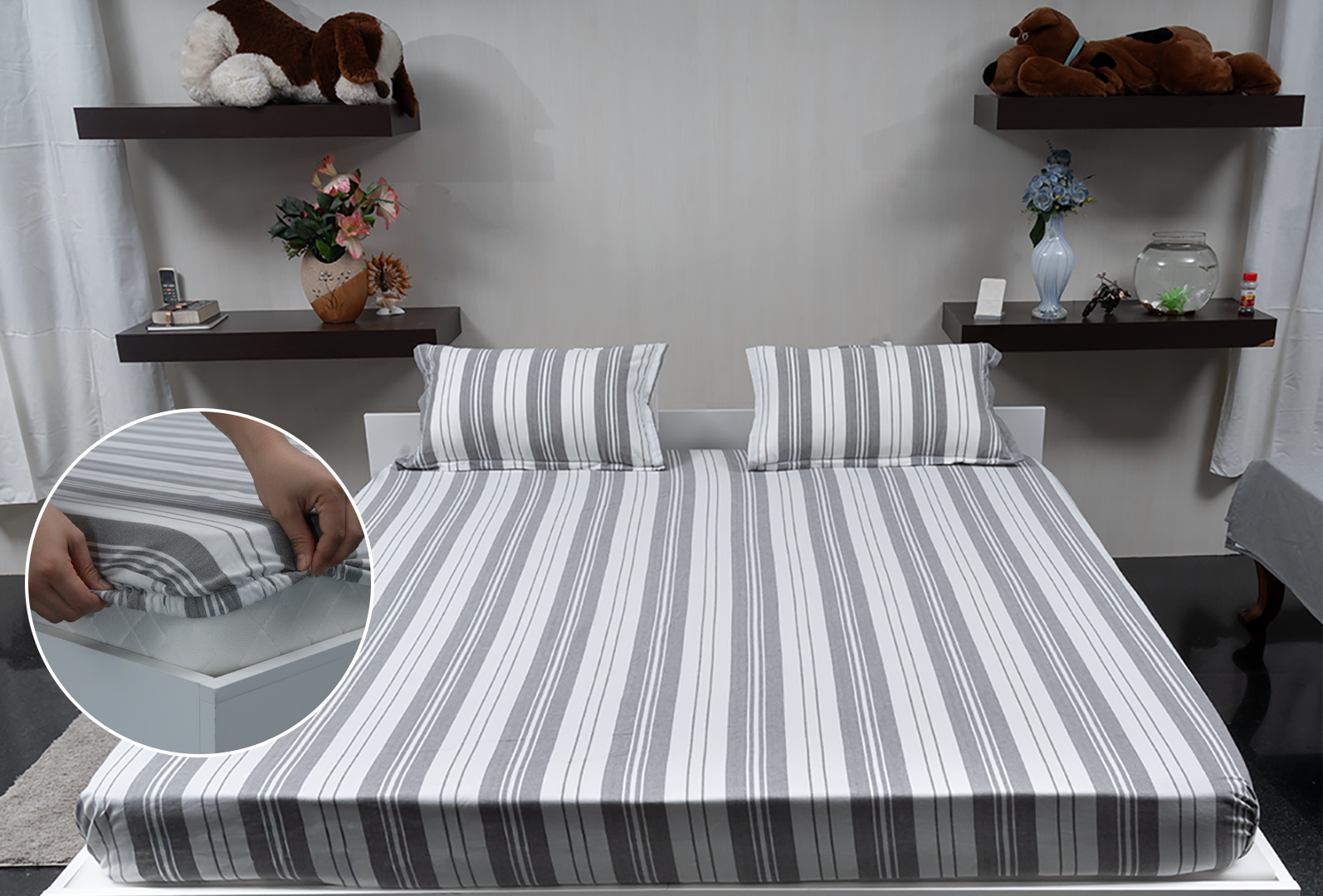 Linn Decors fitted sheet with elastic edges on a modern bed in a clean bedroom setting