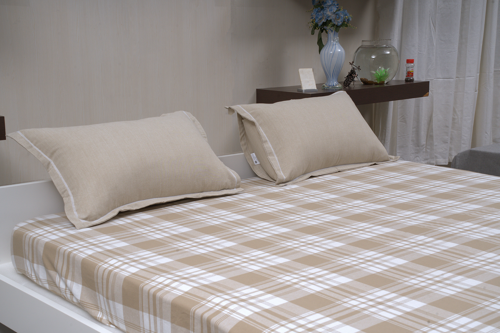 Terracool Checked Beige - (Bedspread + 2 Pillow Covers)