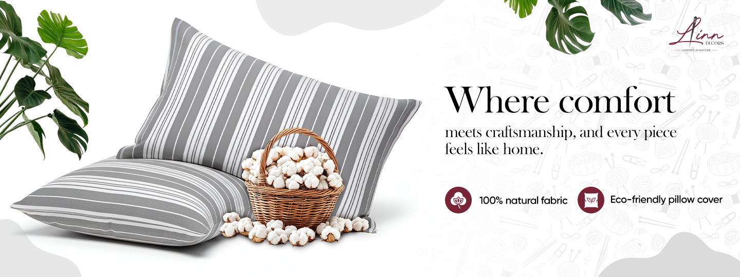 Striped pillow with a basket of balls on a white background with text about comfort and eco-friendliness.