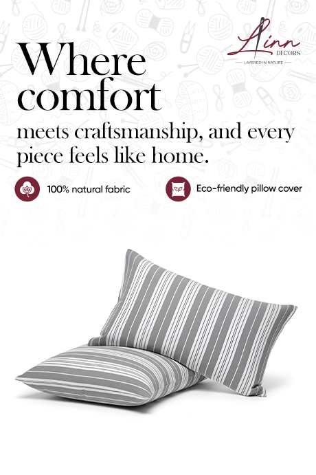Striped pillow on a white background with text about comfort, craftsmanship, and eco-friendliness.