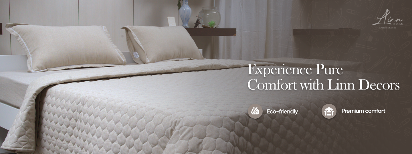 Beige bedding set on a bed with 'Linn Decors' branding and text about comfort and eco-friendliness.